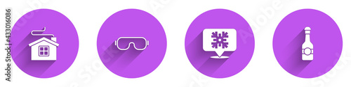 Set Merry Christmas house, Ski goggles, Snowflake speech bubble and Champagne bottle icon with long shadow. Vector