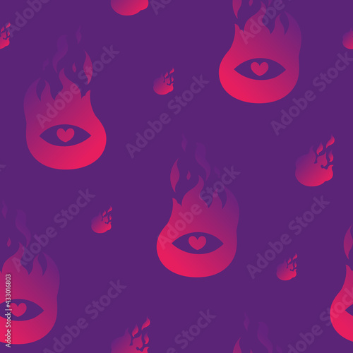 Hand drawn repeat background with Burning Eyes and herts. Contemporary modern trendy vector seamless pattern