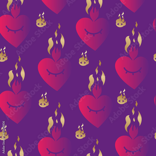 Hand drawn repeat background with Burning Eyes and herts. Contemporary modern trendy vector seamless pattern