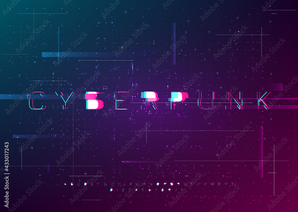 Cyber vector font design with glitch effect. Distorted futuristic English letters, numbers, symbols in cyberpunk style. Glitch digital style alphabet. Design for cybersport events, web. - obrazy, fototapety, plakaty 