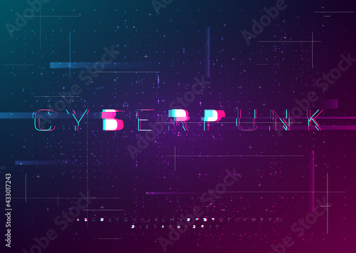Cyber vector font design with glitch effect. Distorted futuristic English letters, numbers, symbols in cyberpunk style. Glitch digital style alphabet. Design for cybersport events, web.