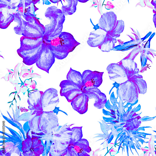 Blue Hibiscus Leaves. Pink Flower Jungle. Purple  Seamless Texture. Vanilla  Watercolor Foliage. Green Pattern Jungle. Lavender Tropical Painting. Exotic Illustration