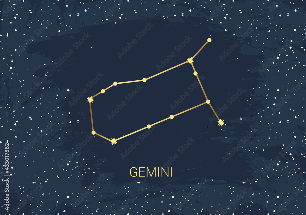 Hand drawn card of gold Gemini, star, brush. Constellation celestial space. Zodiac horoscope symbol, star astrology, astrology sign, icon. Magic space galaxy, vector sketch illustration