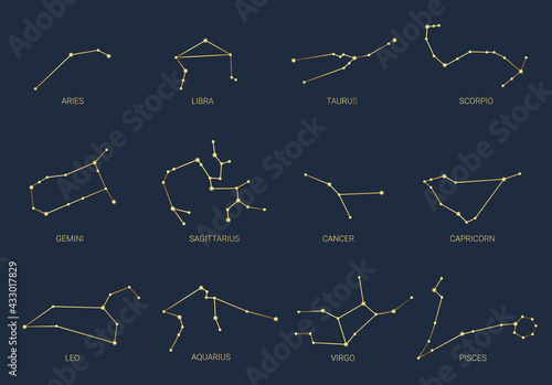 Hand drawn set of gold constellations celestial space. Zodiac horoscope symbols, stars astrology, astrology signs, icons. Magic space galaxy collection. Constellation vector sketch illustration