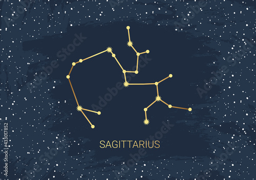 Hand drawn card of gold Sagittarius, star, brush. Constellation celestial space. Zodiac horoscope symbol, star astrology, astrology sign, icon. Magic space galaxy, vector sketch illustration