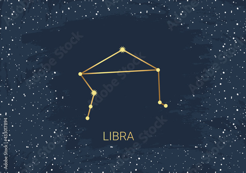 Hand drawn card of gold Libra, star, brush. Constellation celestial space. Zodiac horoscope symbol, star astrology, astrology sign, icon. Magic space galaxy, vector sketch illustration