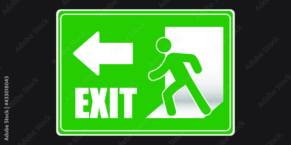 Emergency fire exit sign. Running man icon to door. Green color. Arrow vector. Warning sign plate. Eps10 vector illustration. Emergency fire exit sign. Running man icon to door. Green color. Arrow vector. Warning sign plate. Eps10 vector illustration.