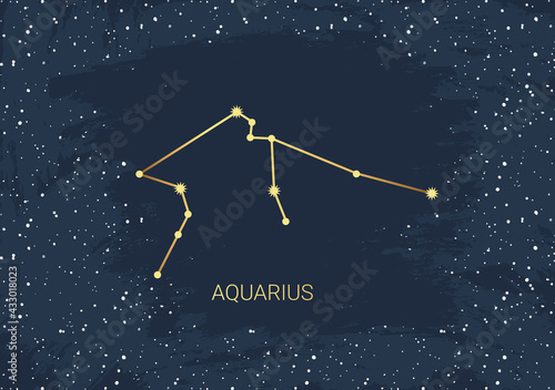 Hand drawn card of gold Aquarius, star, brush. Constellation celestial space. Zodiac horoscope symbol, star astrology, astrology sign, icon. Magic space galaxy, vector sketch illustration