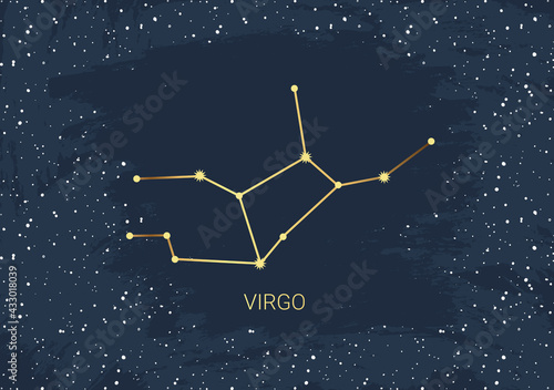 Hand drawn card of gold Virgo, star, brush. Constellation celestial space. Zodiac horoscope symbol, star astrology, astrology sign, icon. Magic space galaxy, vector sketch illustration photo