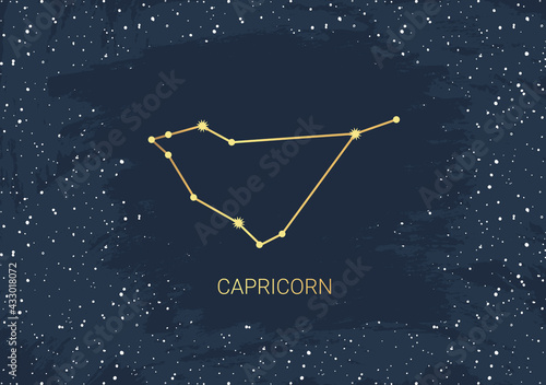 Hand drawn card of gold Capricorn, star, brush. Constellation celestial space. Zodiac horoscope symbol, star astrology, astrology sign, icon. Magic space galaxy, vector sketch illustration