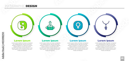 Set Yin Yang, Poison bottle, Venus and Necklace with crystal. Business infographic template. Vector