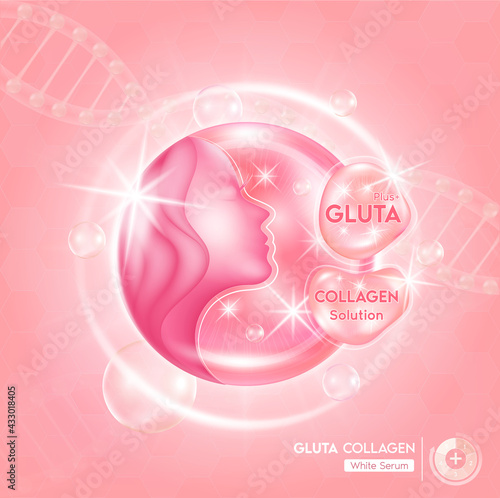 Pink glutathione and collagen with capsule and the third ingredient can be separated. On a light pink background. Healthy life medical and dietary supplement. 3D Vector EPS10