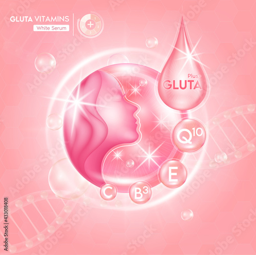 Glutathione and Vitamins with capsule and the third ingredient can be separated. On a light pink background. Beauty cosmetic product. 3D Vector EPS10