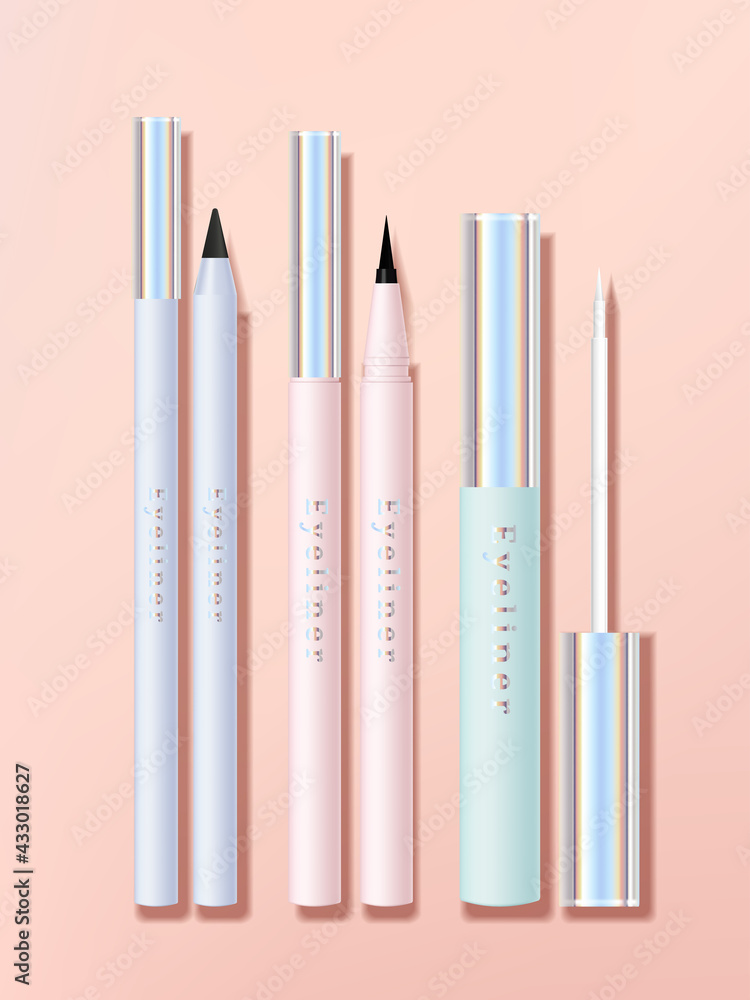 Vector Eye or Lip liner Pen and Applicator Set with Pastel Tube Bottle or Body with Holographic Finished Cap. Purple, Mint and Pink. Vector Eye or Lip liner Pen and Applicator Set with Pastel Tube Bottle or Body with Holographic Finished Cap. Purple, Mint and Pink.