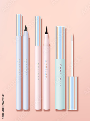 Vector Eye or Lip liner Pen and Applicator Set with Pastel Tube Bottle or Body with Holographic Finished Cap. Purple, Mint and Pink.
