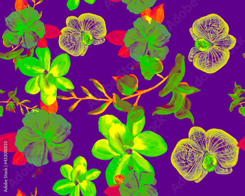 Purple Botanical Textile. Colorful Orchid Wallpaper. Green Hibiscus Garden. Flower Illustration. Watercolor Plant. Seamless Painting. Pattern Garden. Art Palm.