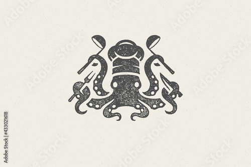 Octopus silhouette in chef hat with cooking tools for seafood restaurant hand drawn stamp effect vector illustration.