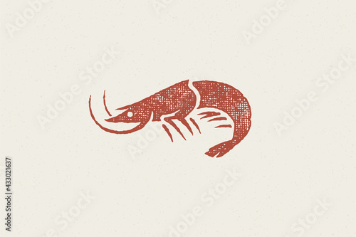 Shrimp silhouette hand drawn stamp effect vector illustration.