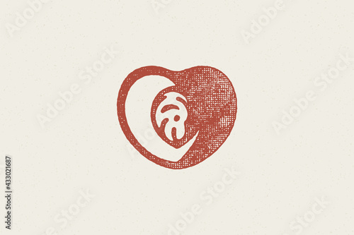Heart shaped halved peach silhouette for logo hand drawn stamp effect vector illustration.