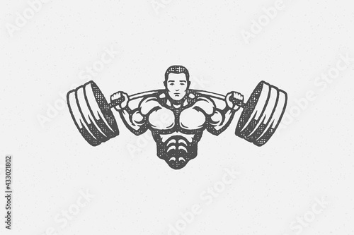 Strong bodybuilder lifting barbell silhouette hand drawn stamp vector illustration.