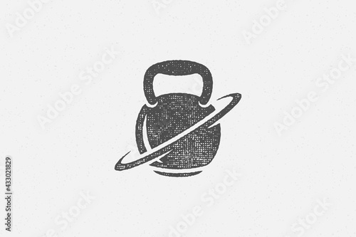 Heavy kettlebell silhouette as symbol of weightlifting workout hand drawn stamp vector illustration.