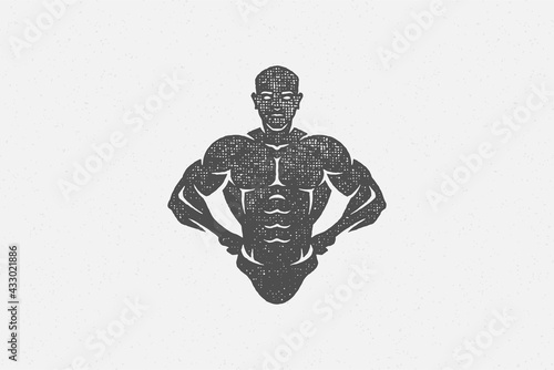 Powerful bodybuilder showing muscles silhouette hand drawn stamp vector illustration.