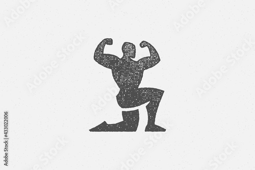 Powerful bodybuilder showing muscles silhouette hand drawn stamp vector illustration.