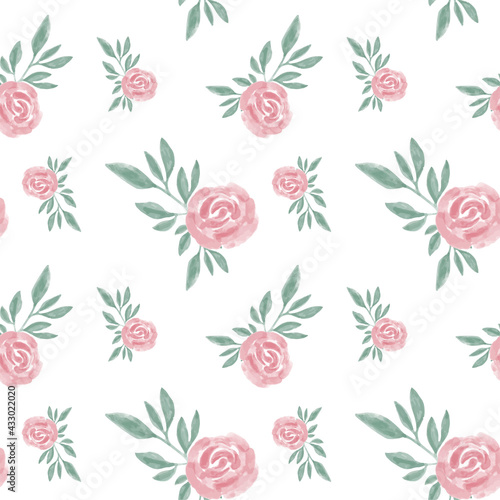 Watercolor flowers seamless pattern. Pink flowers and green leaves in pastel colors. Vector illustration