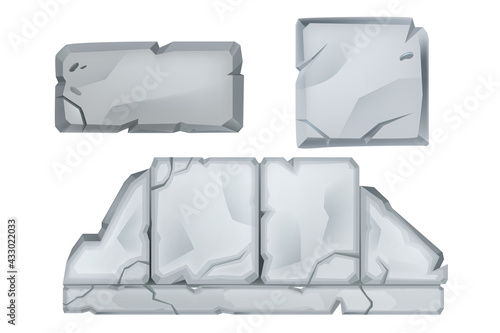 Vector stone sign board, cartoon game rock blocks illustration isolated on white, cracked grey boulders. Granite ui design panels, broken ancient ruin wall interface object. Stone sign surface clipart