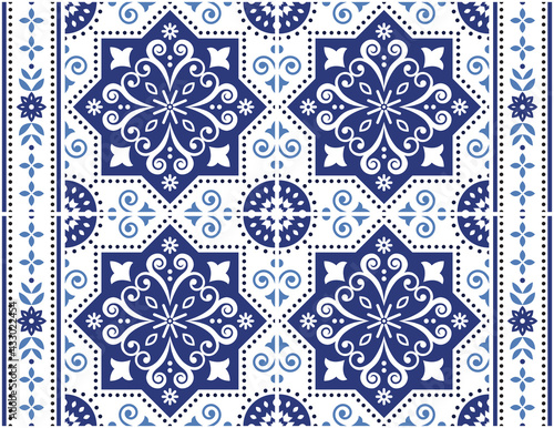 Portuguese Azulejo tile seamless vector pattern, retro design with frame or border, flowers, swirls and geometric shapes

