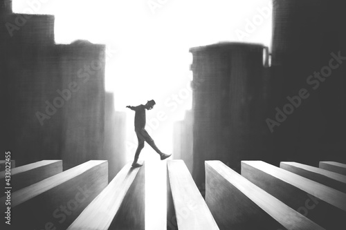 llustration of man crossing surreal road, risk concept black and white