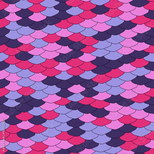 Seamless pattern. Imitation of scales of fish. Blue, pink, purple scales with black lines background. Animal print.