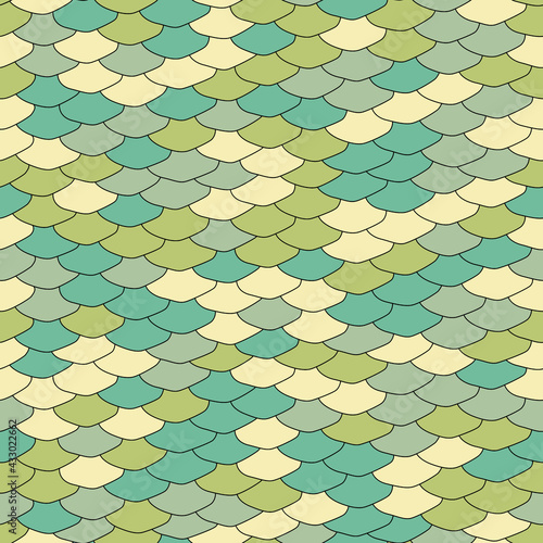 Seamless pattern. Realistic imitation of scales of fish. Green and blue scales with black lines. Marine background. Animal print.