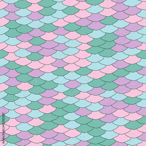 Seamless pattern. Imitation of scales of fish. Blue, green, pink, purple scales with grey lines background. Animal print.