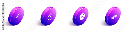 Set Isometric Bicycle air pump, Stopwatch, sprocket crank and shoes icon. Vector