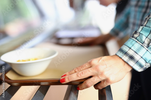 Female hands holding tray with portion of food in cafe closeup