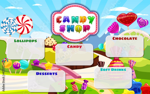 Candy Shop, sweet different bonbon, lollipops,chocolate, jelly. Template menu for caffe, cafeteris, vector illustration, cartoon style