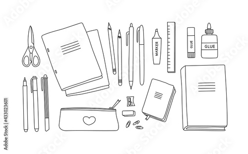 Vector illustration of stationery. Notebooks, books, pens, pencils, markers, scissors, glue, notebook, pencil case. Suitable for illustrating the learning process, stationery stores. Line art.