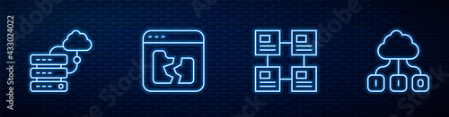 Set line Hierarchy organogram chart, Network cloud connection, Broken file and Cloud technology data transfer. Glowing neon icon on brick wall. Vector