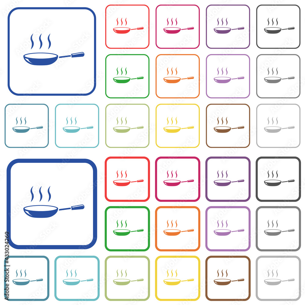 Glossy steaming frying pan outlined flat color icons