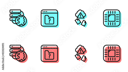 Set line Cloud hacking, Network cloud connection, File missing and Processor with CPU icon. Vector
