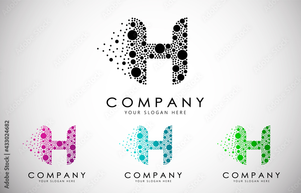H Letter Logo set with Dispersion Effect and Dots, Bubbles, Circles. O Dotted letter in black, purple, blue and green gradient vector illustration.