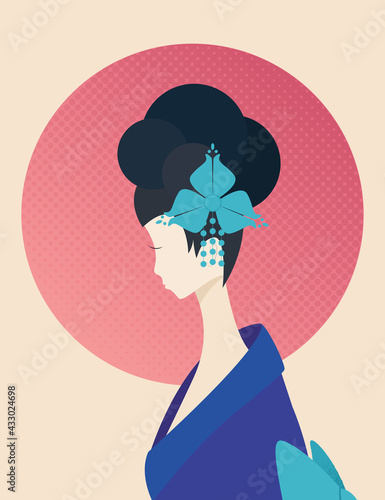 Portrait of Japanese woman in kimono on sunset background.