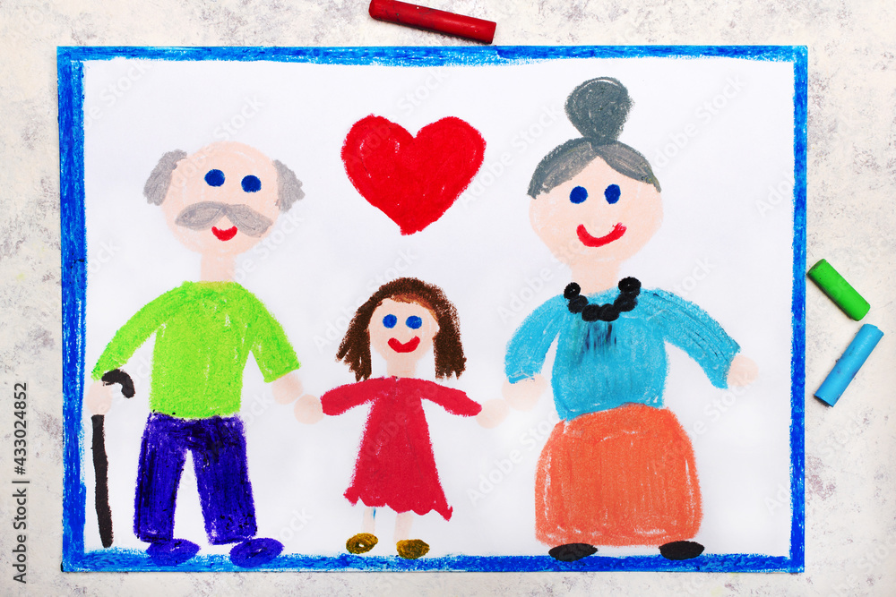 Kids drawing grandparents in a heart shaped frame Vector Image
