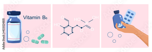 Vitamin B6 infographic set.Pyridoxine and coenzyme chemical formula.Essential nutrient.hand holds jar with bioactive complex pills.Skin disease prevention and treatment.Vector illustration