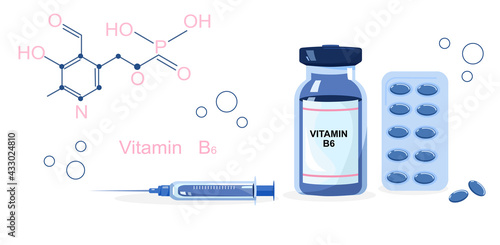 Vitamin B6 with Chemical formula.Essential nutrient muscle injection with syringe.Pyridoxine and coenzyme. Molecular structure.Bioactive complex pills.Skin disease prevention.Infographic vector