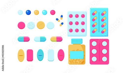 Medical pill or pill isolated
Set of different oval and round pills and capsules in different colors
Tablets or pills in a jar, blister.
Medicine and healthcare concept