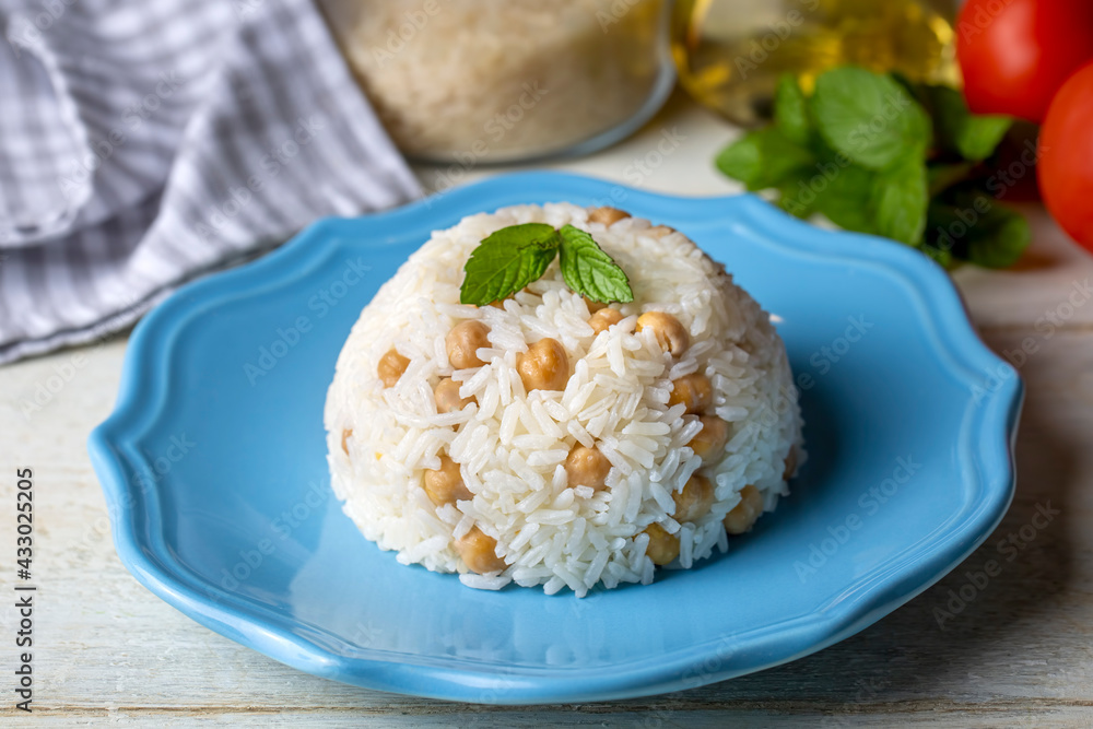 Turkish Rice with chickpea served, Turkish name; Nohutlu pilav or pilaf Turkish Rice with chickpea served, Turkish name; Nohutlu pilav or pilaf