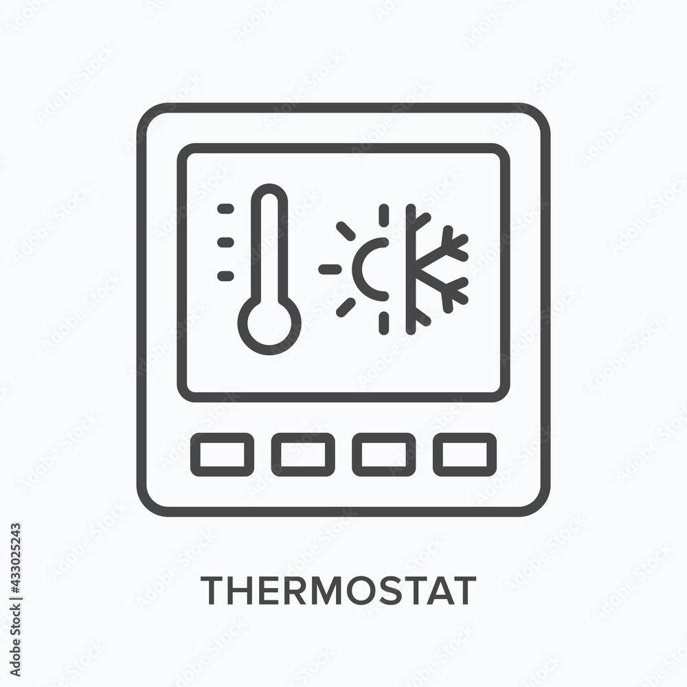Thermostat flat line icon. Vector outline illustration of digital temperature control. Black thin linear pictogram for climate regulator Thermostat flat line icon. Vector outline illustration of digital temperature control. Black thin linear pictogram for climate regulator