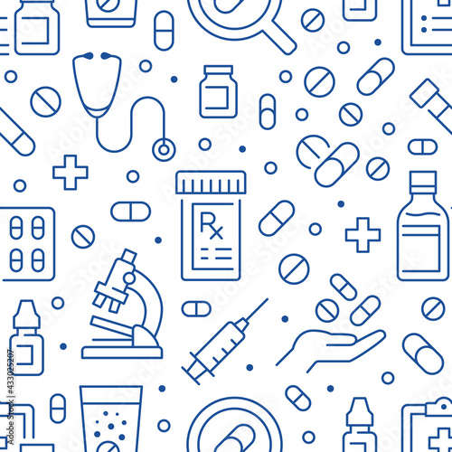 Antibiotic resistance blue seamless pattern. Vector background included line icons as bottle, hand, microscope, medication, syringe, recipe pharmacy, pill, prescription, medication